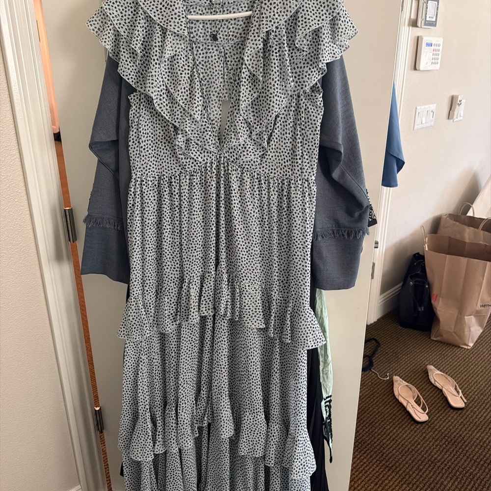 Sabina Musayev Light Gray Polka Dot Tiered Ruffle Maxi Dress